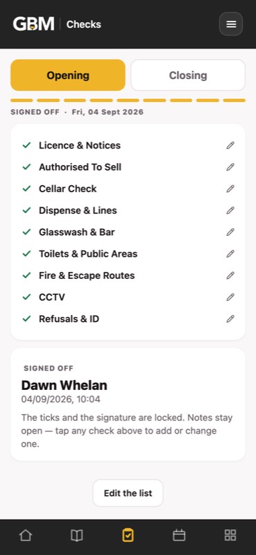 Opening checks signed off